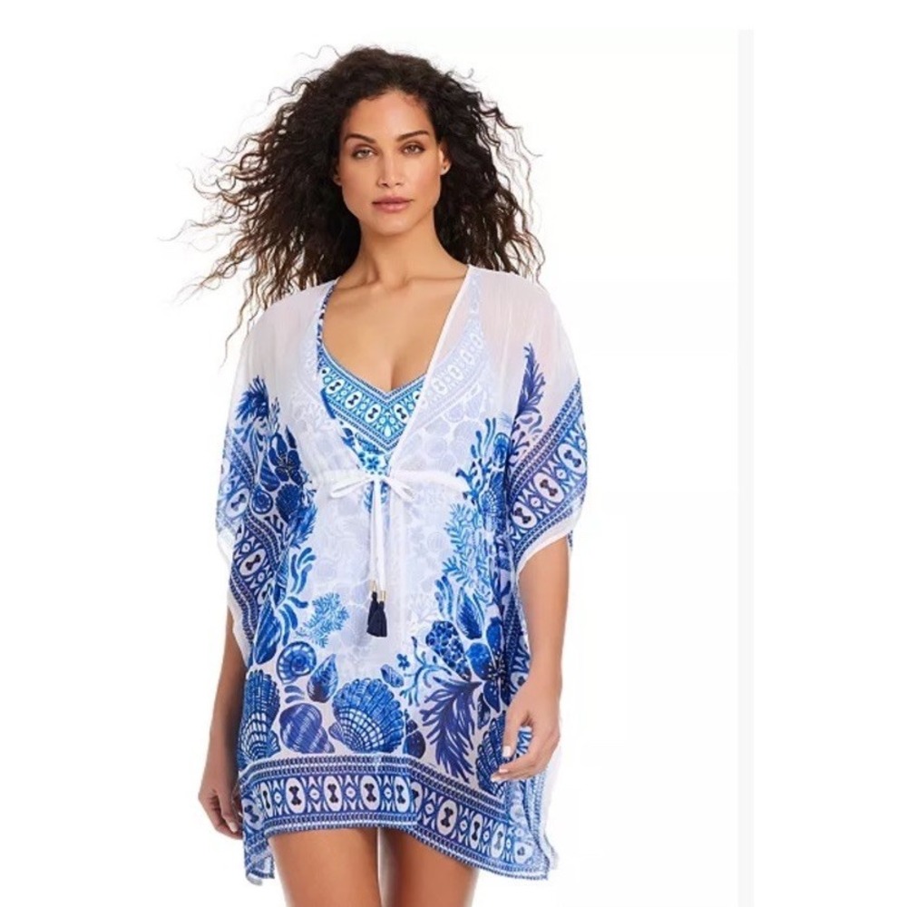 Beyond Control Women's Sea Life V-Neck Caftan Cover-Up,‎ White/Blue, MD, $139